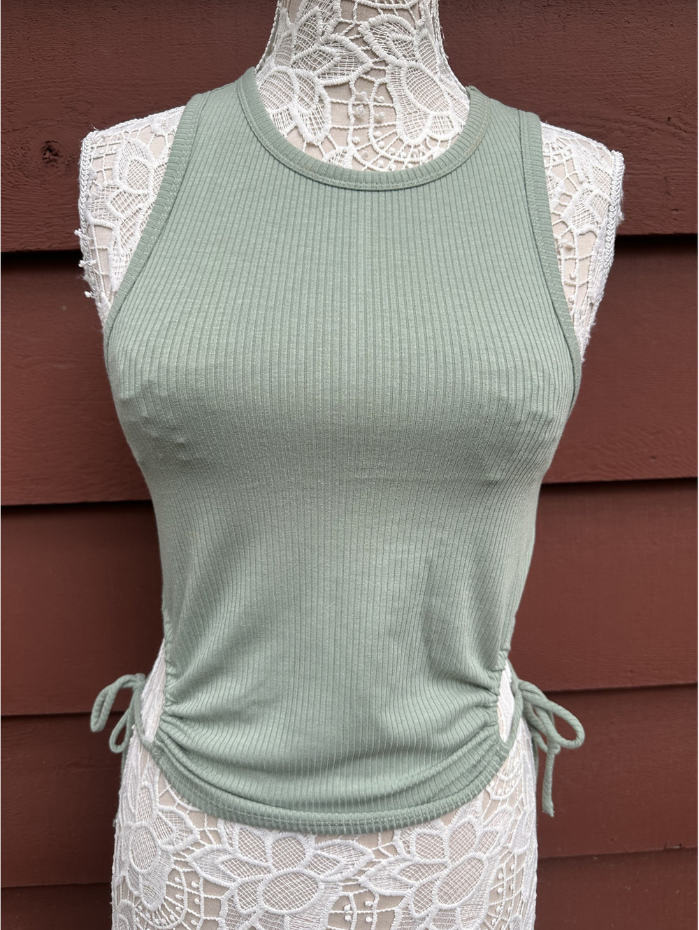 FOREVER 21 Sage Green Ribbed Tank Top with Adjustable‎ Side Ties Y2K Preppy